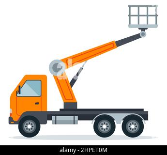 crane hoist on a truck for work at height. special construction high-rise equipment. flat vector illustration isolated on white background. Stock Vector