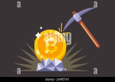 mining bitcoin with a pickaxe in the mine. flat vector illustration. Stock Vector