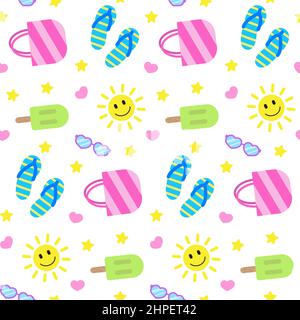 Summer seamless pattern, colorful elements on dark board. Smiling sun, bag, sunglasses, and ice creams. Vector illustration in flat style. Print for t Stock Vector