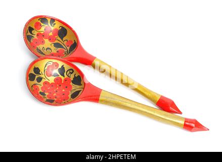 Khokhloma Wooden spoons. Isolated on white background. Stock Photo