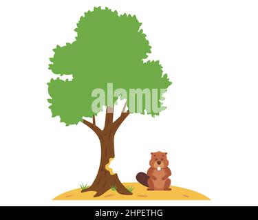 a brown beaver gnaws a tree to make a dam on the rivers. flat vector illustration. Stock Vector