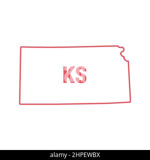 Kansas US state map red outline border. Vector illustration isolated on white. Two-letter state abbreviation. Editable stroke. Adjust line weight. Stock Vector