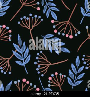 Seamless pattern with berry branches and doodle autumn leaves. Vector hand drawn illustration.  Stock Vector