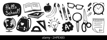 Back to School drawn glyph stamp set. Learning school supplies doodle stencil print kit. Education concept objects for student, scissors backpack, light bulb idea, clock, lunch and globe, press vector Stock Vector