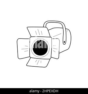 Movie spotlight doodle line icon. Movie light, photography reflector isolated doodle drawing element. Vector illustration Stock Vector