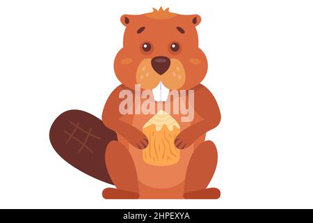 a brown beaver gnaws at a tree to build a dam. forest dweller flat vector illustration. Stock Vector