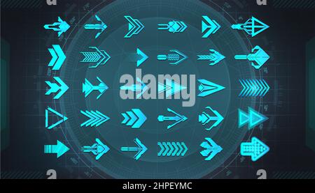 Arrows set in HUD style for Web, App, GUI - UI, UX, Kit design Stock Vector