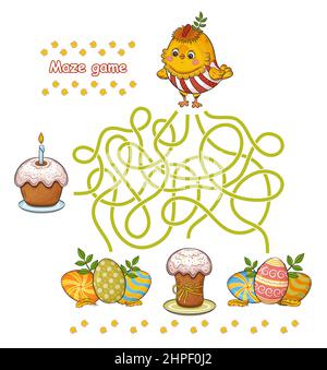 Maze education game. Help Easter rooster chicken find path to colored eggs, holiday paschal cake. Newborn chick bird. Children labyrinth puzzle vector Stock Vector