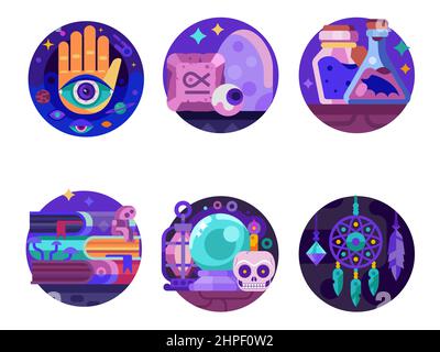 Witchcraft and Magic Occult Alchemy Flat Icons Stock Vector