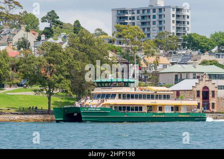 Sydney Ferry, Catherine Hamlin, one of the new Emerald Class ferries, moving near Balmain East wharf in Sydney Harbour in Summer Stock Photo