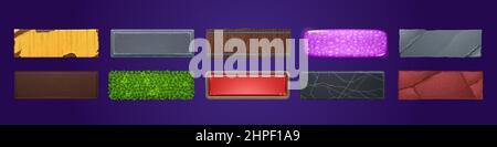 Rectangular buttons with wooden, stone, metal and black marble textures for ui game design. Vector cartoon set of buttons from rusty iron, grass and purple jelly isolated on background Stock Vector
