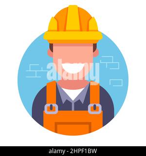 icon of a cute builder in a hard hat on a brick wall background. flat vector illustration. Stock Vector