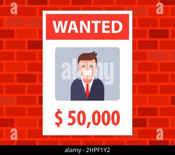 a poster with an advertisement for the wanted young man. reward for information about the lost man. flat vector illustration. Stock Vector