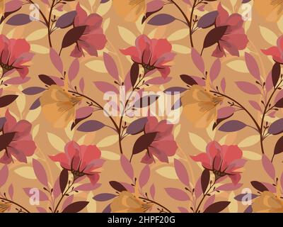 Vector floral seamless pattern. Red, maroon, yellow flowers and twigs with leaves. Stock Vector