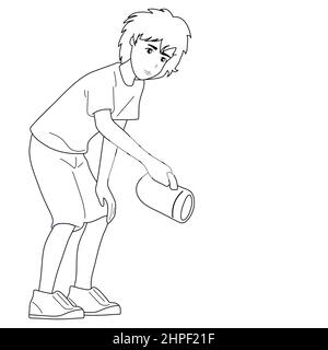 Black and white image. A guy with a large electric flashlight illuminates the road, white background. White background, Stock Vector
