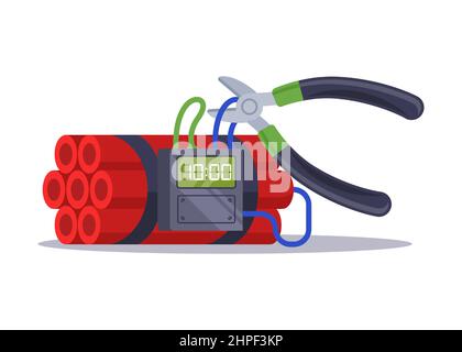 rewire the cable from the clock bean. the work of a sapper on a time bomb. flat vector illustration isolated on white background. Stock Vector