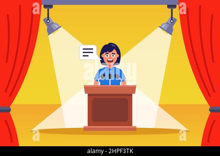 speech of the girl orator on the stage. flat vector illustration Stock Vector