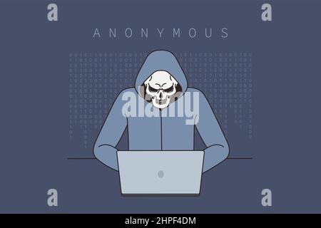 Anonymous hacker in hood and skull mask work on computer break operational software. Darknet user hack program on laptop. Spam or virus spread, technology safety. Vector illustration. Stock Vector