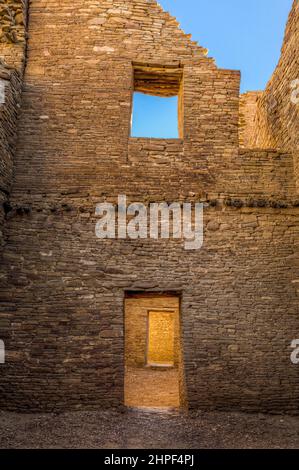 Pueblo Bonito, the ruin of an ancient Ancestral Puebloan Native American Great House in Chaco Culture National Historical Park.  Chaco Culture is a UN Stock Photo