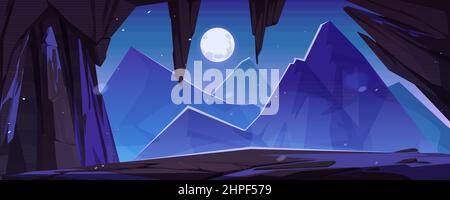 Cave or stone arch with view mountains at night. Vector cartoon illustration of winter landscape of rocks, ledge with snow, cavern entrance, high cliffs, peaks and full moon in sky Stock Vector