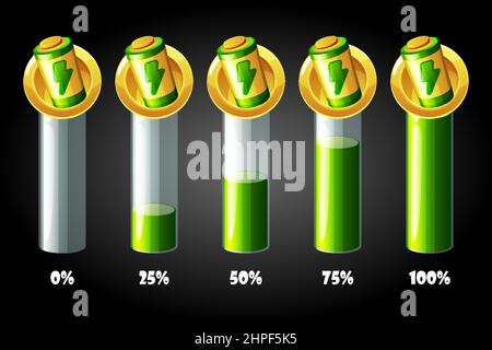 Battery energy scale bar, gold icons for game. Vector illustration set of charge lines for GUI. Stock Vector