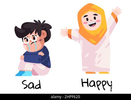 sad and happy expression of boys and girls wearing veil hijab muslim kids children mood cartoon illustration Stock Vector