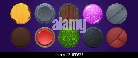 Round buttons with wooden, metal, rock and black marble textures for ui game design. Vector cartoon set of circle buttons from rusty iron with peeling paint, grass and purple jelly with bubbles Stock Vector
