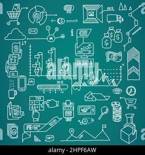 Bank business finance analytics earnings hand draw doodle elements. Stock Vector