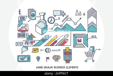 Bank business finance analytics earnings hand draw doodle elements. Stock Vector