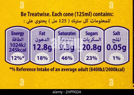 nutritional information reference intake labelling information on box of Cadbury flake 99 vanilla ice cream topped with Cadbury Flake ice creams Stock Photo