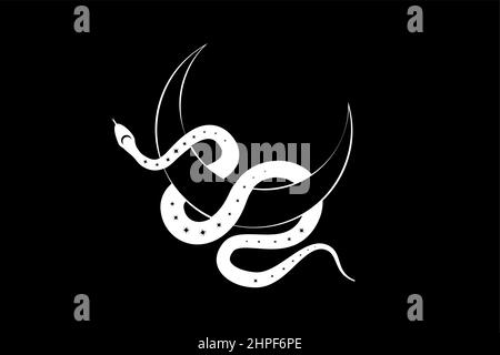 White Snake on Magic mystic Crescent Moon. Sacred geometry, celestial pagan Wiccan goddess symbol. Half moon wicca banner sign, tattoo, energy circle, Stock Vector