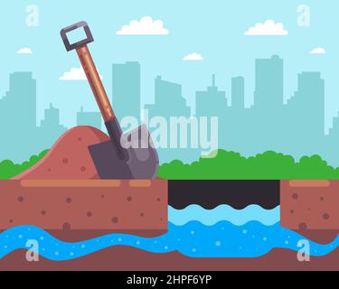 dig a hole for a well. find an underground river. flat vector illustration. Stock Vector
