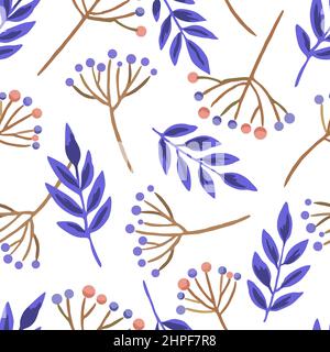 Seamless pattern with berry branches and doodle autumn leaves. Vector hand drawn illustration.  Stock Vector