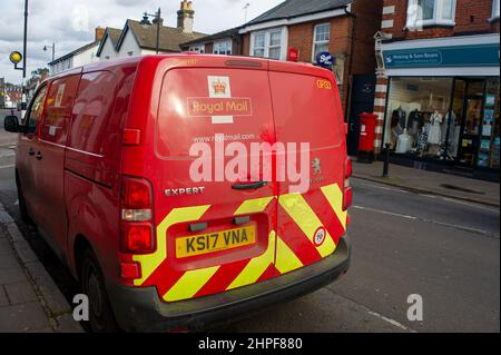 Bagshot, Surrey, UK. 10th February, 2022. A Royal Mail van in Bagshot High Street. The Royal Mail have apologised to customers for delays in delivering letters due to ongoing staff absences as staff are off with Covid-19 or self isolating. Credit: Maureen McLean/Alamy Stock Photo