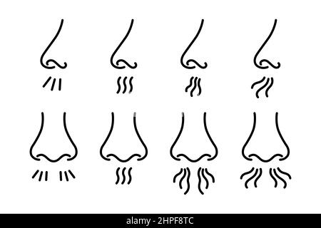 Nose and breath icon. Nasal breathing. Human organ of smell. Unpleasant smell. Nose inhales fragrance. Set of outline icons. Vector illustration in Stock Vector