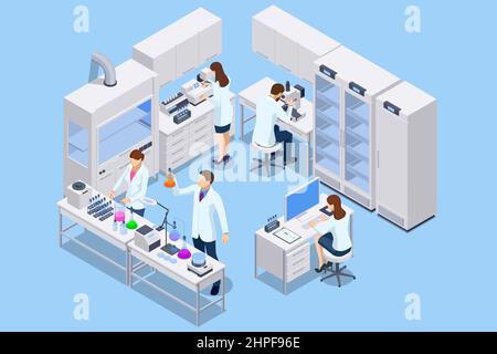 Isometric chemical laboratory concept. Laboratory assistants work in ...