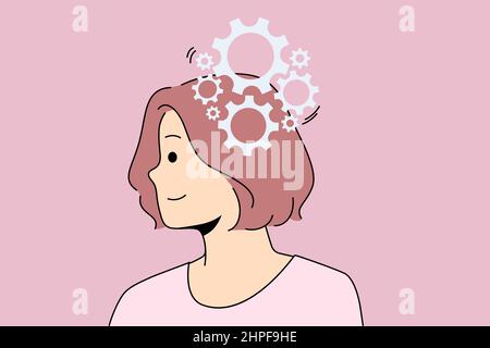Having idea and creativity concept. Young smiling woman standing with gears working in head and brain having great innovative idea reaching for success in business vector illustration  Stock Vector