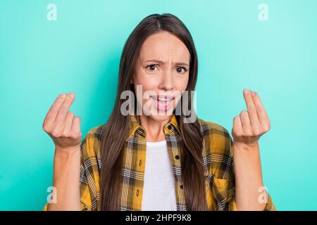 Photo of grumpy mature brunette lady ask salary wear plaid shirt isolated on teal color background Stock Photo