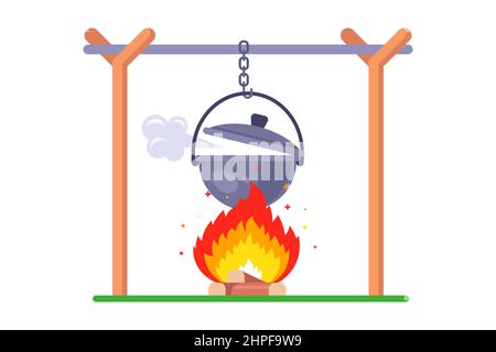 boil water over a fire. cook soup in the woods. flat vector illustration. Stock Vector