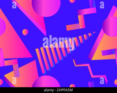 Seamless pattern with 3d geometric shapes in the style of the 80s. Background with colorful gradient geometric shapes. Design of promotional products, Stock Vector