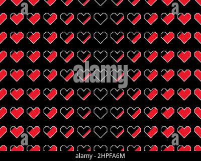 Pixel art hearts seamless pattern. 8-bit pixel health bar in retro video game. Design for banners, promotional items and banner. Vector illustration Stock Vector