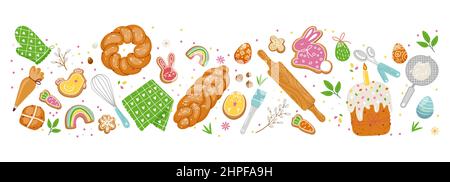 Easter pastry banner with kitchen utensils,traditional bread,cakes,painted eggs Stock Vector