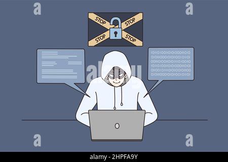 Male hacker in hood and mask use laptop steal personal data on internet. Man cyber thief hack program on computer. Online information security and safety concept. Vector illustration.  Stock Vector