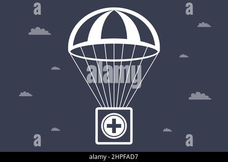 first aid kit falls by parachute. social help. flat vector illustration. Stock Vector
