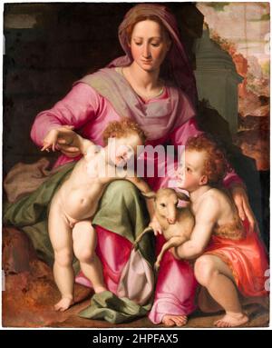 Santi di Tito, Madonna and Child with the Infant Saint John the Baptist, painting, oil on wood, 1570-1575 Stock Photo