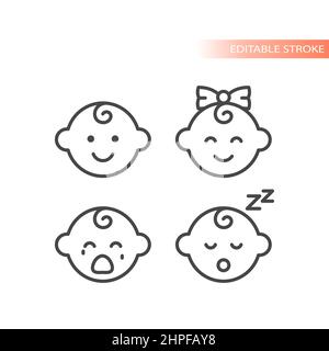 Baby boy, baby girl line vector icon. Crying and sleeping face outlined symbol. Stock Vector
