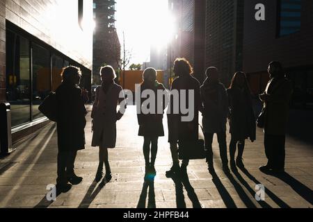 Group of business people talking each other while standing on the street at financial district during sunset. Stock Photo