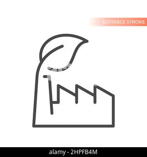 Factory and leaf, green energy line vector icon. Eco friendly industry outlined symbol. Stock Vector