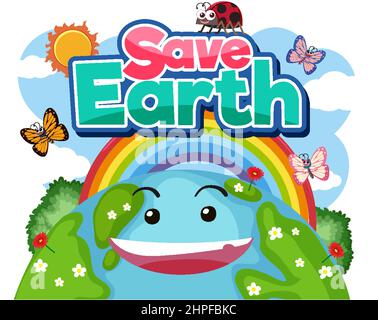 Save Earth typography logo with smile earth and rainbow illustration Stock Vector