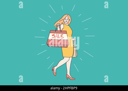 Happy woman buyer with bag excited with shopping on sales or promotions. Smiling female shopaholic buy clothes of good discount in mall or boutique. Consumerism. Vector illustration.  Stock Vector
